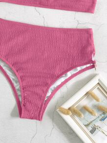 SHEIN Swim 褶饰环扣高腰比基尼 夏季 - 粉色 - 查看 7