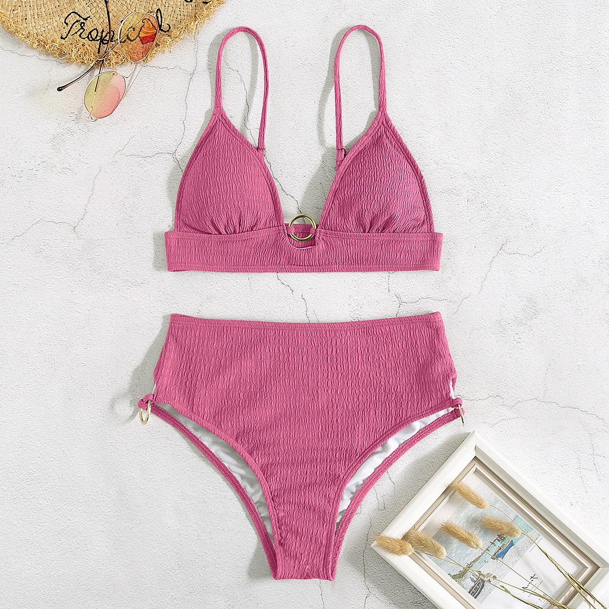 Bikini smocked anello collegato vita alta