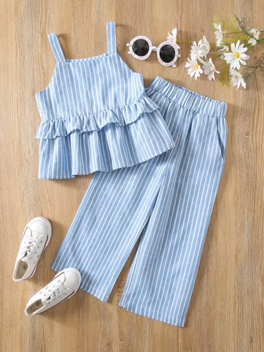 SHEIN X GALILEA Vintaside Kids Conjunto de top de tirantes y pantalones con volantes a rayas para niña