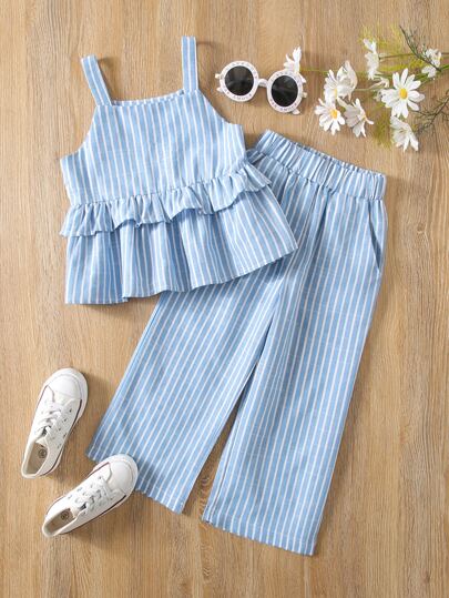 SHEIN X GALILEA Vintaside Kids 年轻女孩条纹荷叶边下摆吊带上衣和裤子