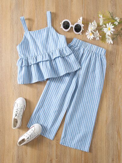 SHEIN X GALILEA Conjunto de top de tirantes y pantalones con volantes a rayas para niña