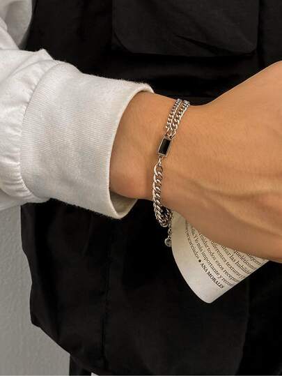 1 pieza Brazalete cuadrado negro de acero inoxidable, minimalista y de moda para uso diario de hombres