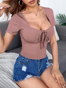 SHEIN Privé Solid Tie Front Rib-Knit Tee - Dusty Pink - View 3