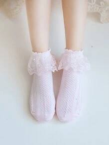 1 Cặp vớ ngắn màu trơn viền ren cho trẻ em, mùa xuân/hè - Hồng - Xem 2