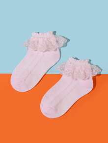 1 Cặp vớ ngắn màu trơn viền ren cho trẻ em, mùa xuân/hè - Hồng - Xem 3