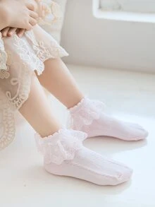 1 Cặp vớ ngắn màu trơn viền ren cho trẻ em, mùa xuân/hè - Hồng - Xem 4