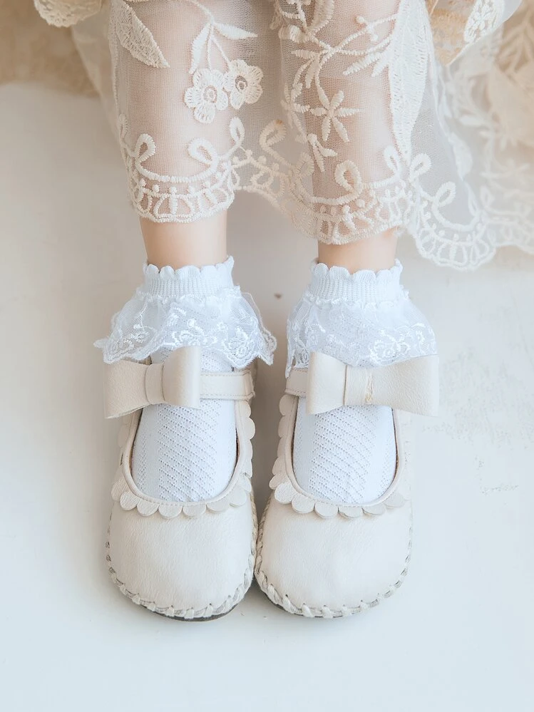1 Pair Lace Princess Trim Solid Color Short Socks, Kids Spring/Summer - White - View 2