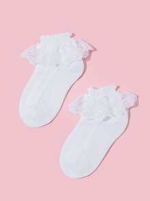 1 Cặp vớ ngắn màu trơn viền ren công chúa, trẻ em mùa xuân/hè - trắng - Xem 3