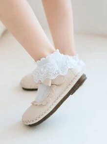 1 Cặp vớ ngắn màu trơn viền ren công chúa, trẻ em mùa xuân/hè - trắng - Xem 4