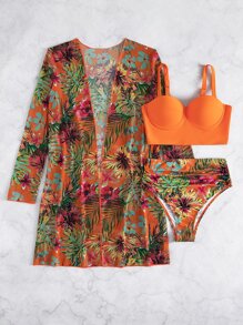 SHEIN Swim Đi Biển Mùa Hè Nhiệt Đới In Bikini Bộ Push Up Bra Top & Bụng Kiểm Soát Cao Cấp Bikini & kimono 3 Miếng Bikini - Nhiều màu - Xem 3