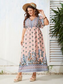 Plus All Over Floral Print Butterfly Sleeve Dress - Multicolor - View 4