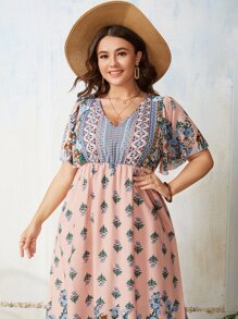 Plus All Over Floral Print Butterfly Sleeve Dress - Multicolor - View 5