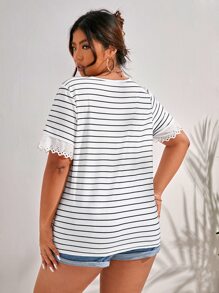 SHEIN Frenchy Plus Striped Eyelet Embroidery Tee - Black and White - View 2