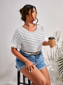 SHEIN Frenchy Plus Striped Eyelet Embroidery Tee - Black and White - View 3