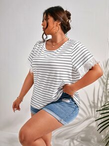 SHEIN Frenchy Plus Striped Eyelet Embroidery Tee - Black and White - View 4