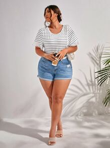 SHEIN Frenchy Plus Striped Eyelet Embroidery Tee - Black and White - View 5