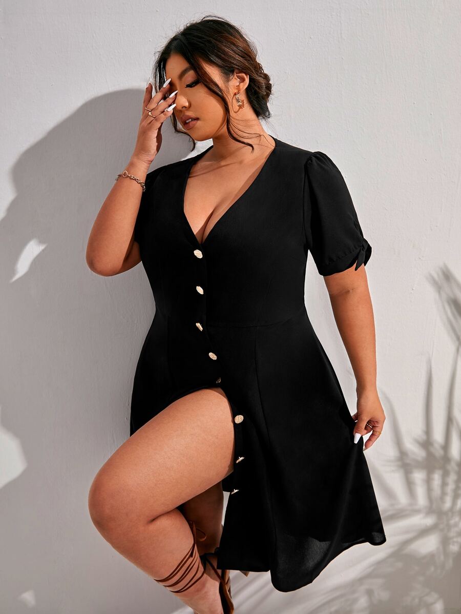 SHEIN Frenchy 大碼紐扣細節泡泡袖洋裝 - 黑色 - 查看 1