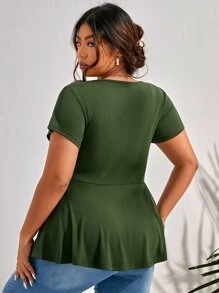 SHEIN Essnce Plus Half Zip Ruffle Hem Tee - Army Green - View 2