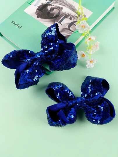 2PCS Royal Blue Sequin Large Bow Hair Clip For Girls, Exquisite Hair Bows Hairpins Suitable For Party And Important Occasions Hair Clips, Kid's Hair Accessories