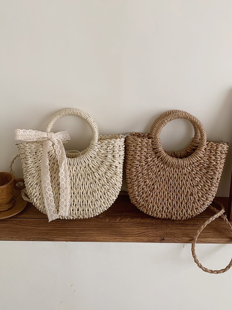 Lightweight, Casual Lace Up Decor Straw Bag Knit For Teen Girls Women College Students Perfect for College,Outdoors, Travel, Outings - Khaki - View 1