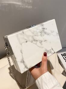 Marble Pattern Pu Leather Box Bag With Metal Chain Strap, Crossbody Bag - White - View 1