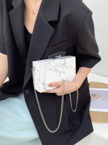 Marble Pattern Pu Leather Box Bag With Metal Chain Strap, Crossbody Bag - White - View 2