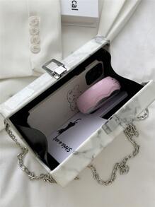 Marble Pattern Pu Leather Box Bag With Metal Chain Strap, Crossbody Bag - White - View 4
