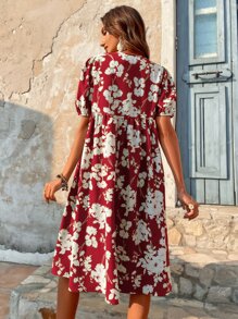 SHEIN VCAY 印花泡泡袖繫帶領娃娃裙