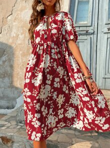 SHEIN VCAY 印花泡泡袖繫帶領娃娃裙