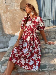 SHEIN VCAY 印花泡泡袖繫帶領娃娃裙