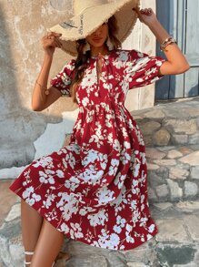 SHEIN VCAY 印花泡泡袖繫帶領娃娃裙