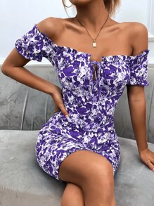 SHEIN Privé Floral Print Off Shoulder Frill Trim Knot Front Bodycon Dress - Multicolor - View 1