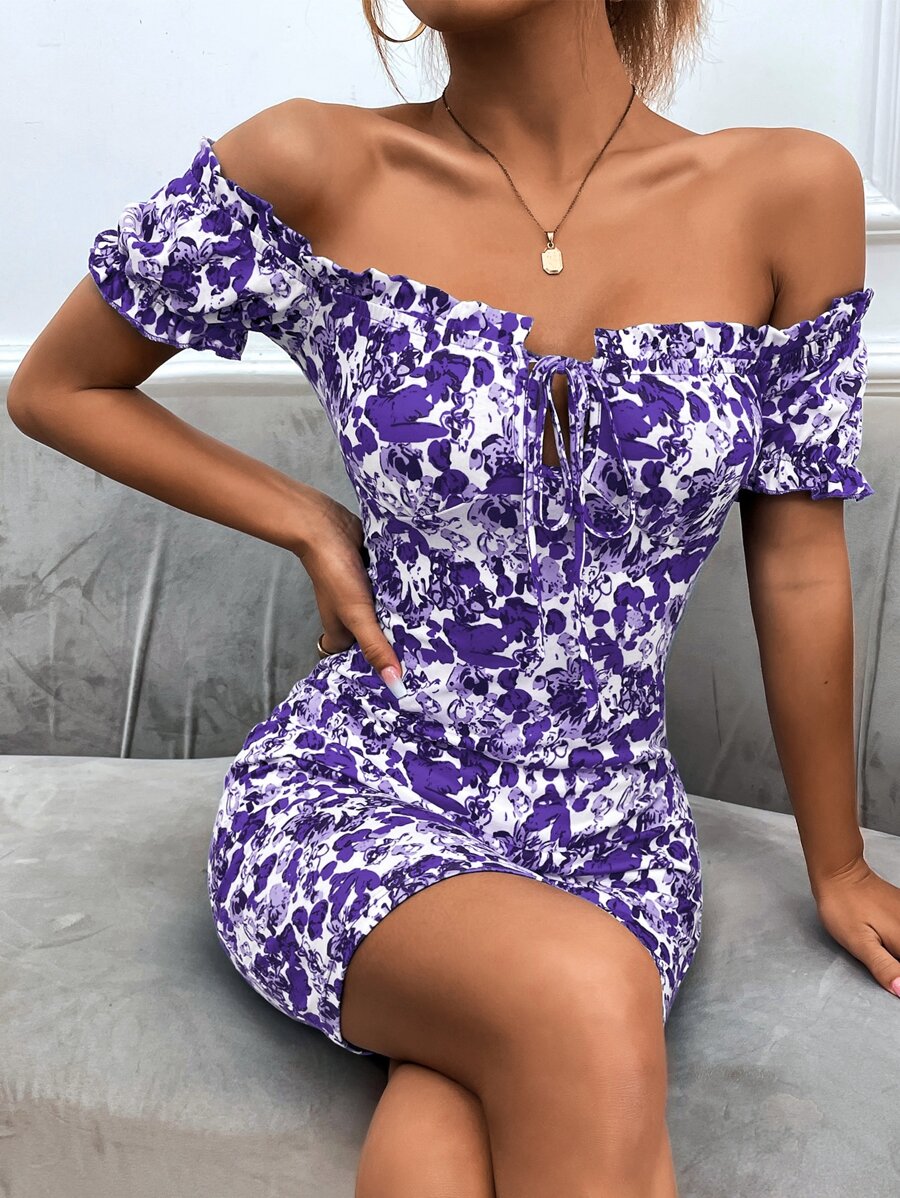 SHEIN Privé Floral Print Off Shoulder Frill Trim Knot Front Bodycon Dress - Multicolor - View 1