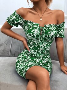 SHEIN Privé Floral Print Off Shoulder Frill Trim Knot Front Bodycon Dress - Multicolor - View 1