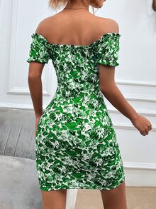 SHEIN Privé Floral Print Off Shoulder Frill Trim Knot Front Bodycon Dress - Multicolor - View 2