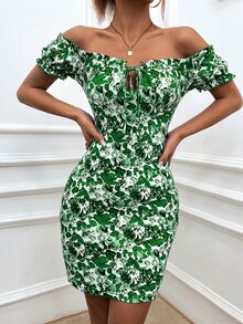 SHEIN Privé Floral Print Off Shoulder Frill Trim Knot Front Bodycon Dress - Multicolor - View 3