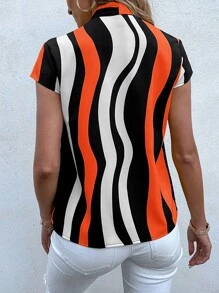 SHEIN LUNE Block Striped Tie Neck Blouse - Multicolor - View 2