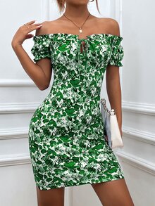 SHEIN Privé Floral Print Off Shoulder Frill Trim Knot Front Bodycon Dress - Multicolor - View 5