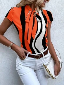 SHEIN LUNE Block Striped Tie Neck Blouse - Multicolor - View 5