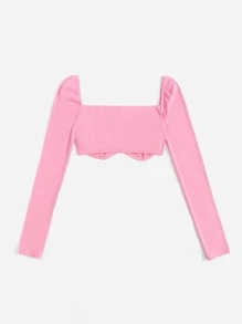 SHEIN ICON Square Neck Crop Ribbed Knit Top - Pink - View 2