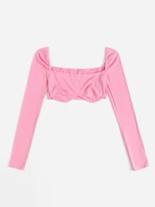 SHEIN ICON Square Neck Crop Ribbed Knit Top - Pink - View 3
