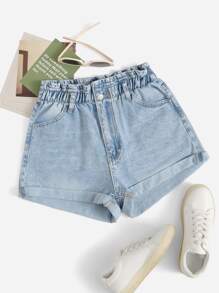 SHEIN EZwear 紙袋型腰反摺褲腳牛仔短褲 - 淺色水洗藍 - 查看 1