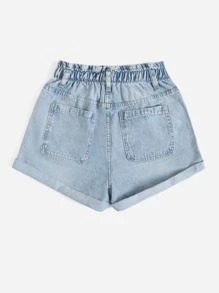 SHEIN EZwear 紙袋型腰反摺褲腳牛仔短褲 - 淺色水洗藍 - 查看 2