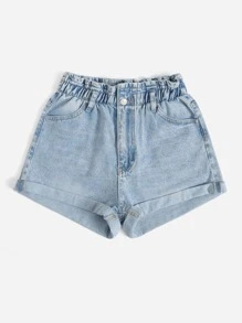 SHEIN EZwear 紙袋型腰反摺褲腳牛仔短褲 - 淺色水洗藍 - 查看 5