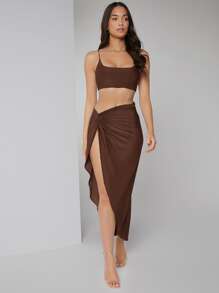 Silquee Solid Crop Cami Top & Twist Waist Skirt Set - Chocolate Brown - View 1