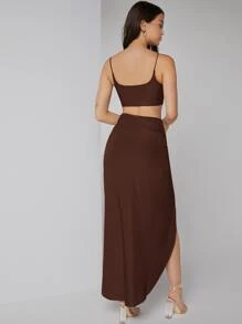 Silquee Solid Crop Cami Top & Twist Waist Skirt Set - Chocolate Brown - View 2