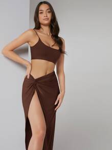 Silquee Solid Crop Cami Top & Twist Waist Skirt Set - Chocolate Brown - View 3