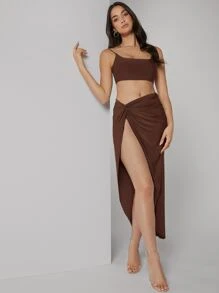 Silquee Solid Crop Cami Top & Twist Waist Skirt Set - Chocolate Brown - View 4