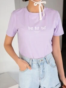 DAZY Butterfly And Slogan Graphic Tee - Lilac Purple - View 2
