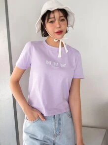 DAZY Butterfly And Slogan Graphic Tee - Lilac Purple - View 4